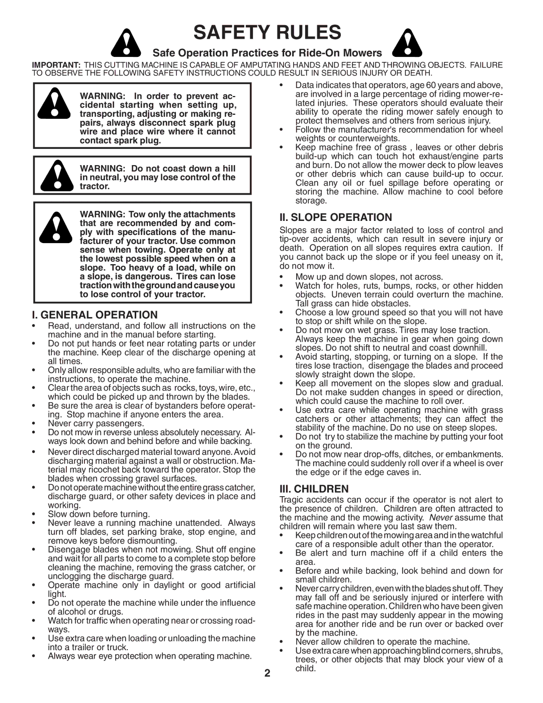 Poulan 954 04 05-06 Safe Operation Practices for Ride-On Mowers, General Operation, II. Slope Operation, III. Children 