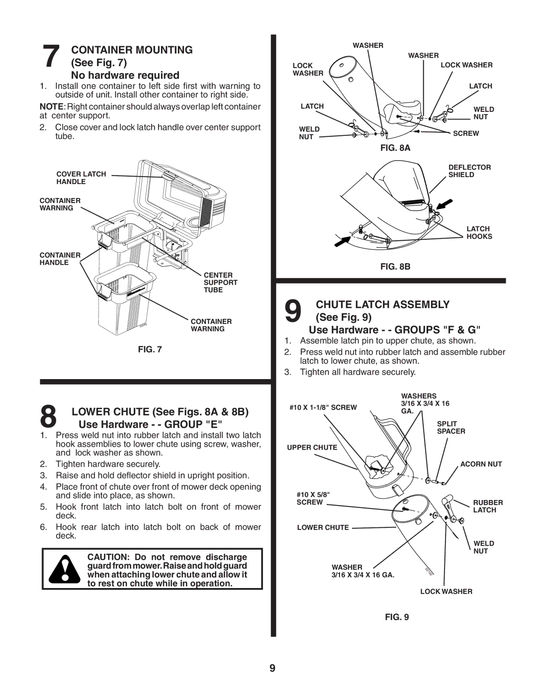 Poulan C36C Container Mounting See Fig No hardware required, Use Hardware - Group E, Use Hardware - Groups F & G 