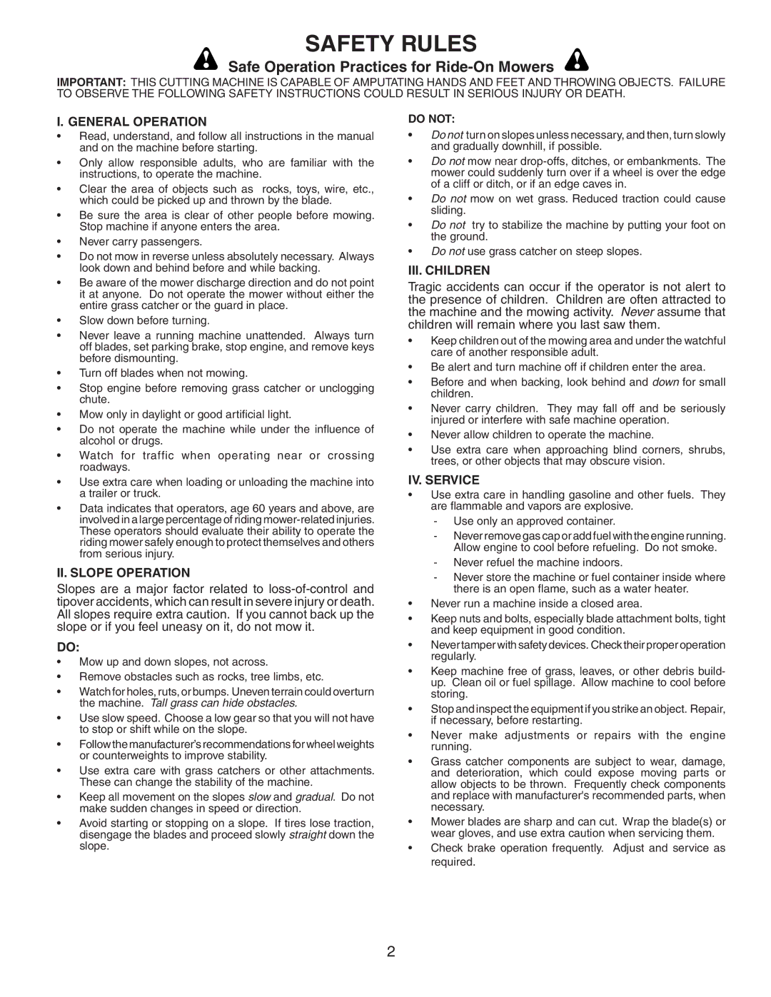 Poulan 140603, C38D Safe Operation Practices for Ride-On Mowers, General Operation, II. Slope Operation, III. Children 