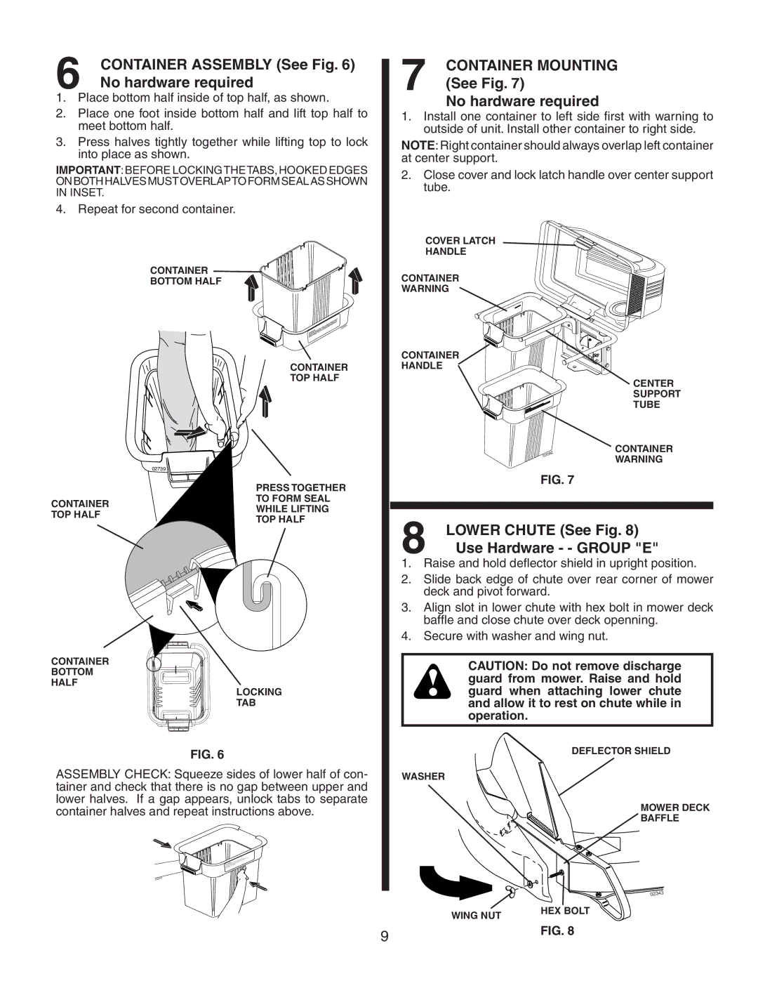 Poulan C38D, 954 14 00-50, 140603 owner manual Container Mounting See Fig No hardware required, Lower Chute See Fig 