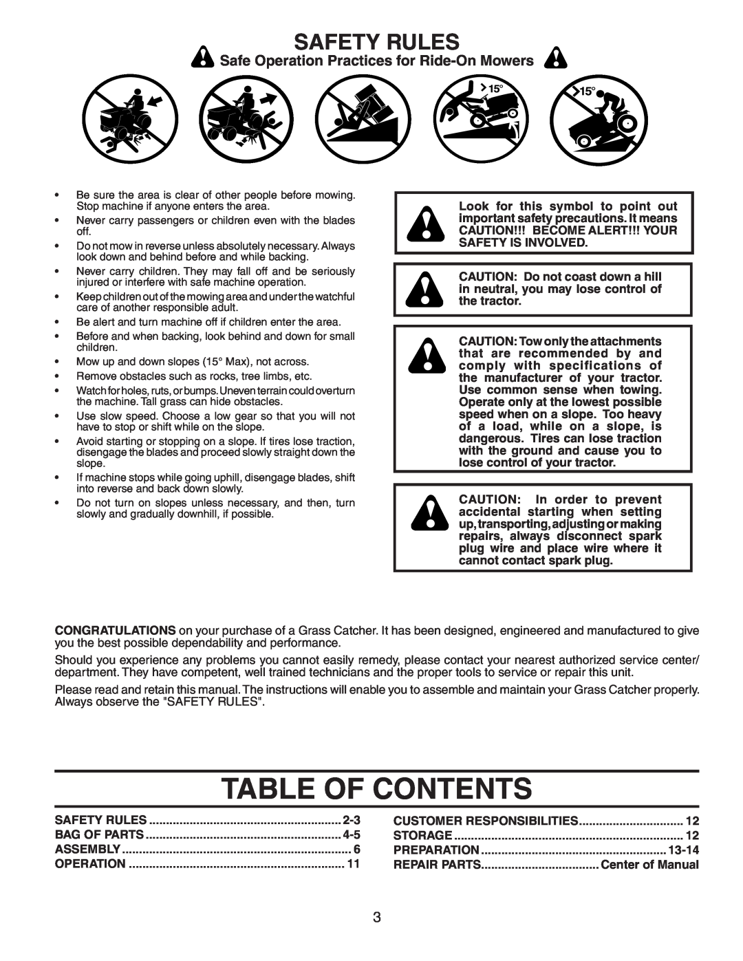Poulan C38D, 954 14 00-50, 140603 owner manual Table Of Contents, Safety Rules, Safe Operation Practices for Ride-On Mowers 