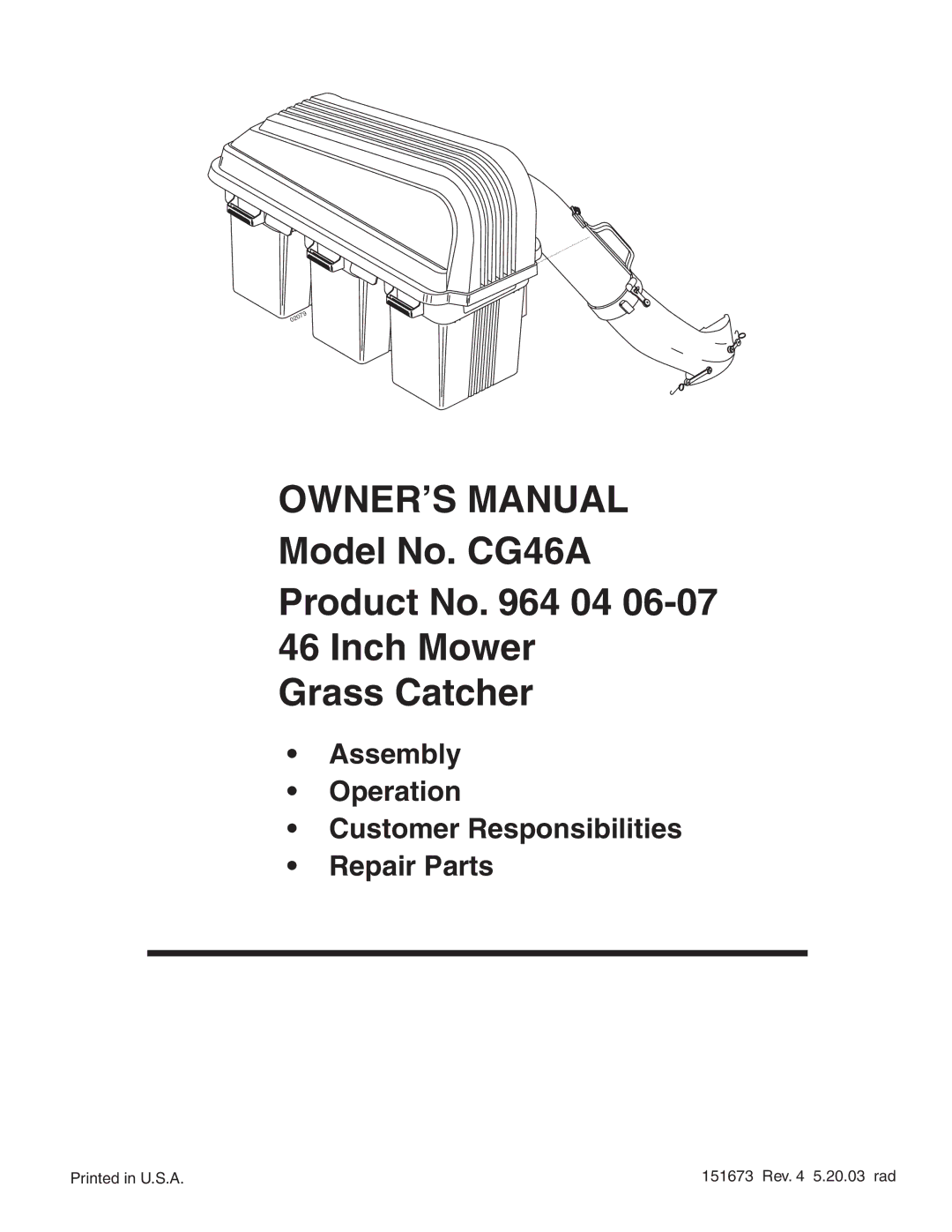 Poulan 964 04 06-07, 151673 owner manual Model No. CG46A Product No 04 Inch Mower Grass Catcher 