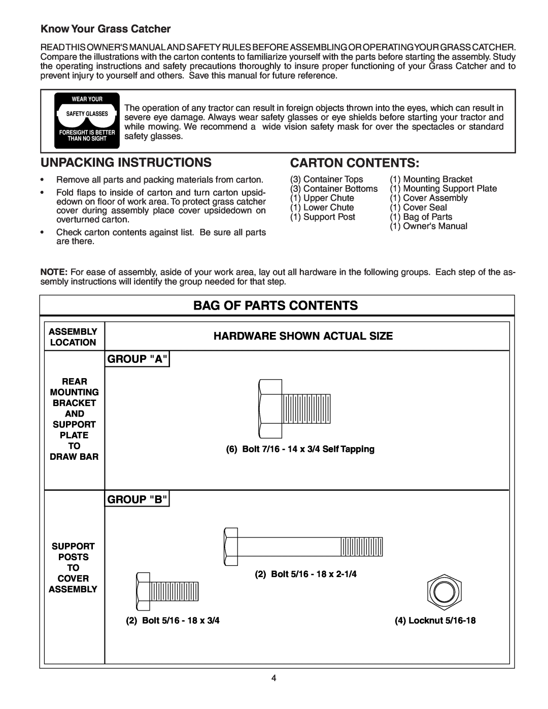 Poulan 964 04 06-07 Unpacking Instructions, Carton Contents, Bag Of Parts Contents, Know Your Grass Catcher, Group A 