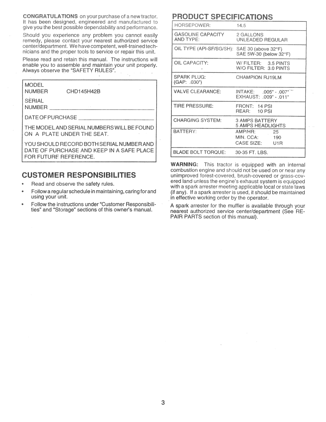 Poulan 160886, CHD145H42B manual 