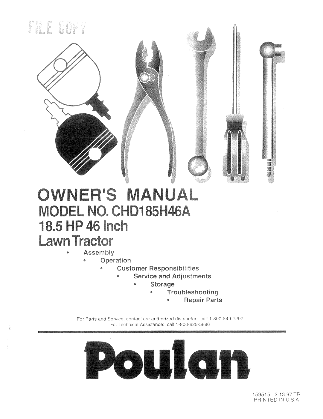 Poulan 159515, CHD185H46A manual 