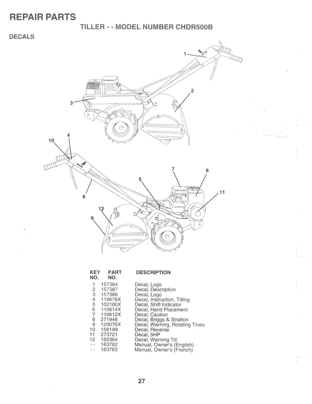 Poulan 163782, CHDR500B manual 