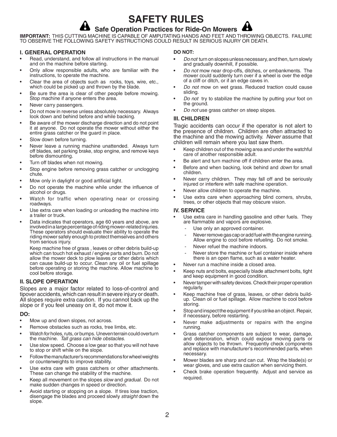 Poulan 954 12 00-93 Safe Operation Practices for Ride-On Mowers, General Operation, II. Slope Operation, III. Children 