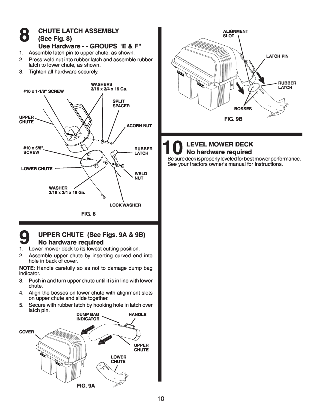 Poulan 532175732, CL36A owner manual Use Hardware - - GROUPS E & F, UPPER CHUTE See Figs. 9A & 9B, Chute Latch Assembly 