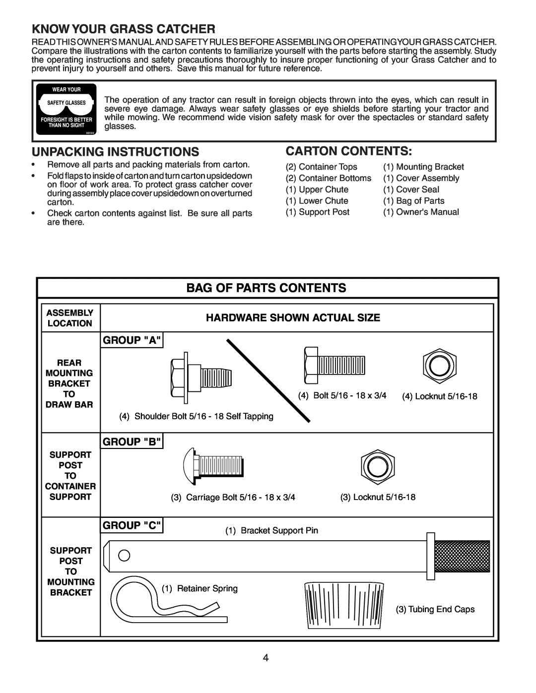 Poulan 532175732 Know Your Grass Catcher, Unpacking Instructions, Carton Contents, Bag Of Parts Contents, Group A, Group B 