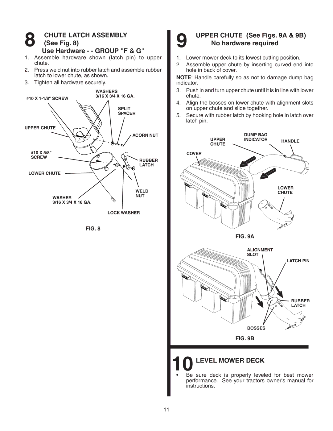 Poulan 156239, CL46B, 954 04 06-06 owner manual Chute Latch Assembly, Upper Chute See Figs a & 9B, Level Mower Deck 