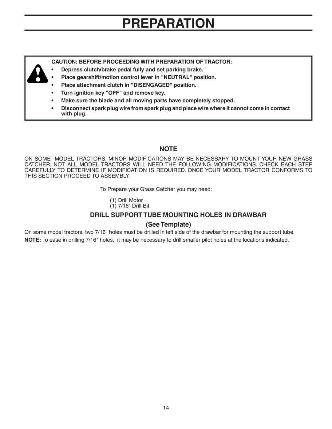 Poulan 156239, CL46B, 954 04 06-06 owner manual Preparation, Drill Support Tube Mounting Holes in Drawbar, See Template 