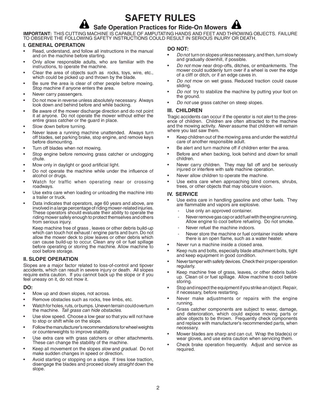 Poulan 156239, CL46B, 954 04 06-06 owner manual Safe Operation Practices for Ride-On Mowers 