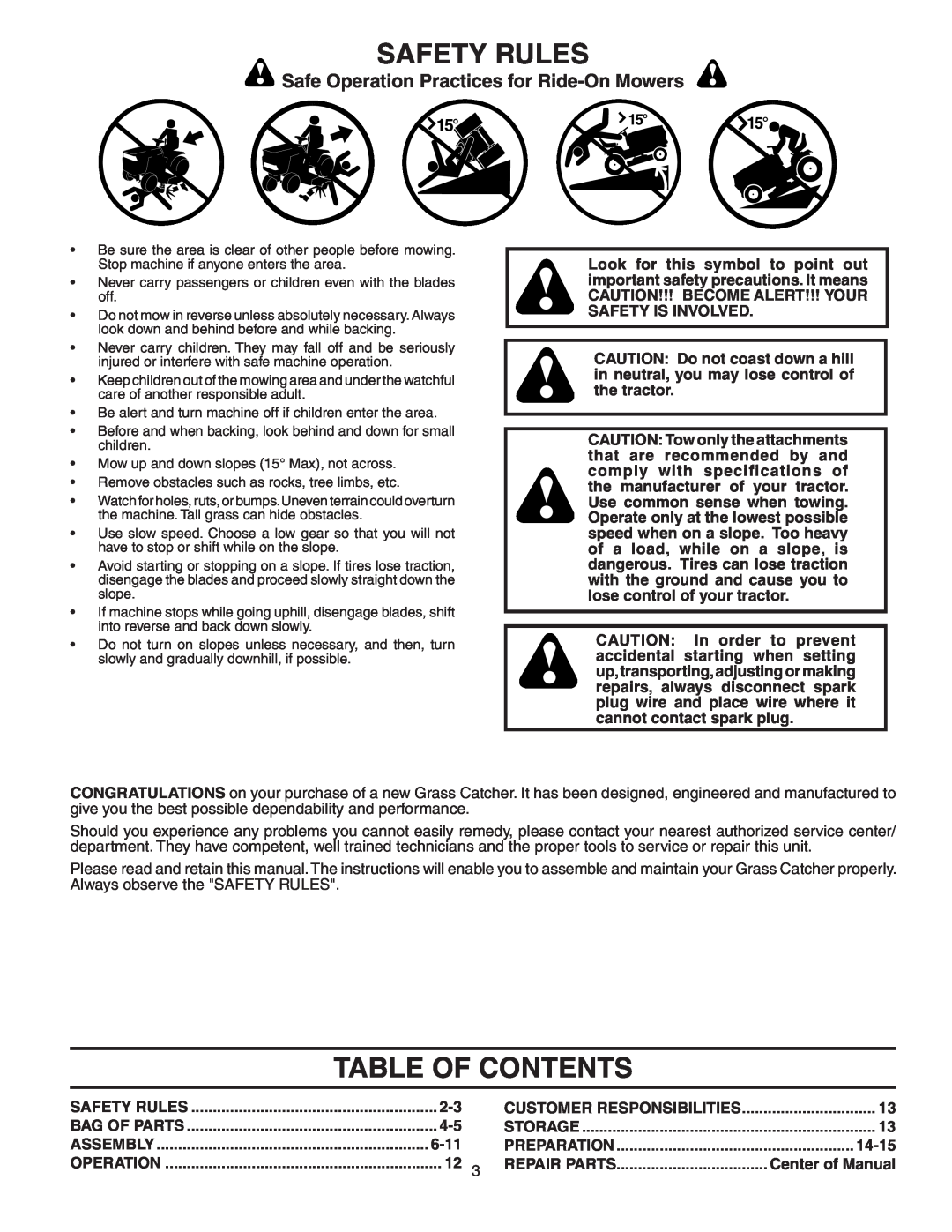 Poulan CL46B, 954 04 06-06, 156239 owner manual Table Of Contents, Safety Rules, Safe Operation Practices for Ride-On Mowers 