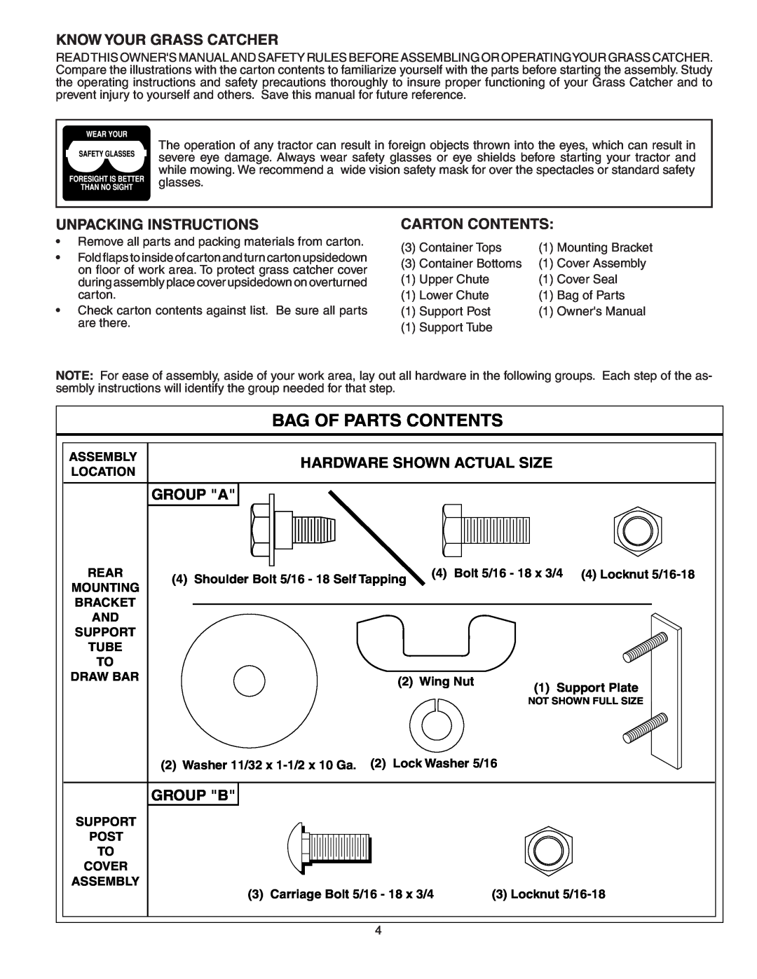 Poulan 954 04 06-06 Bag Of Parts Contents, Know Your Grass Catcher, Unpacking Instructions, Carton Contents, Group A 