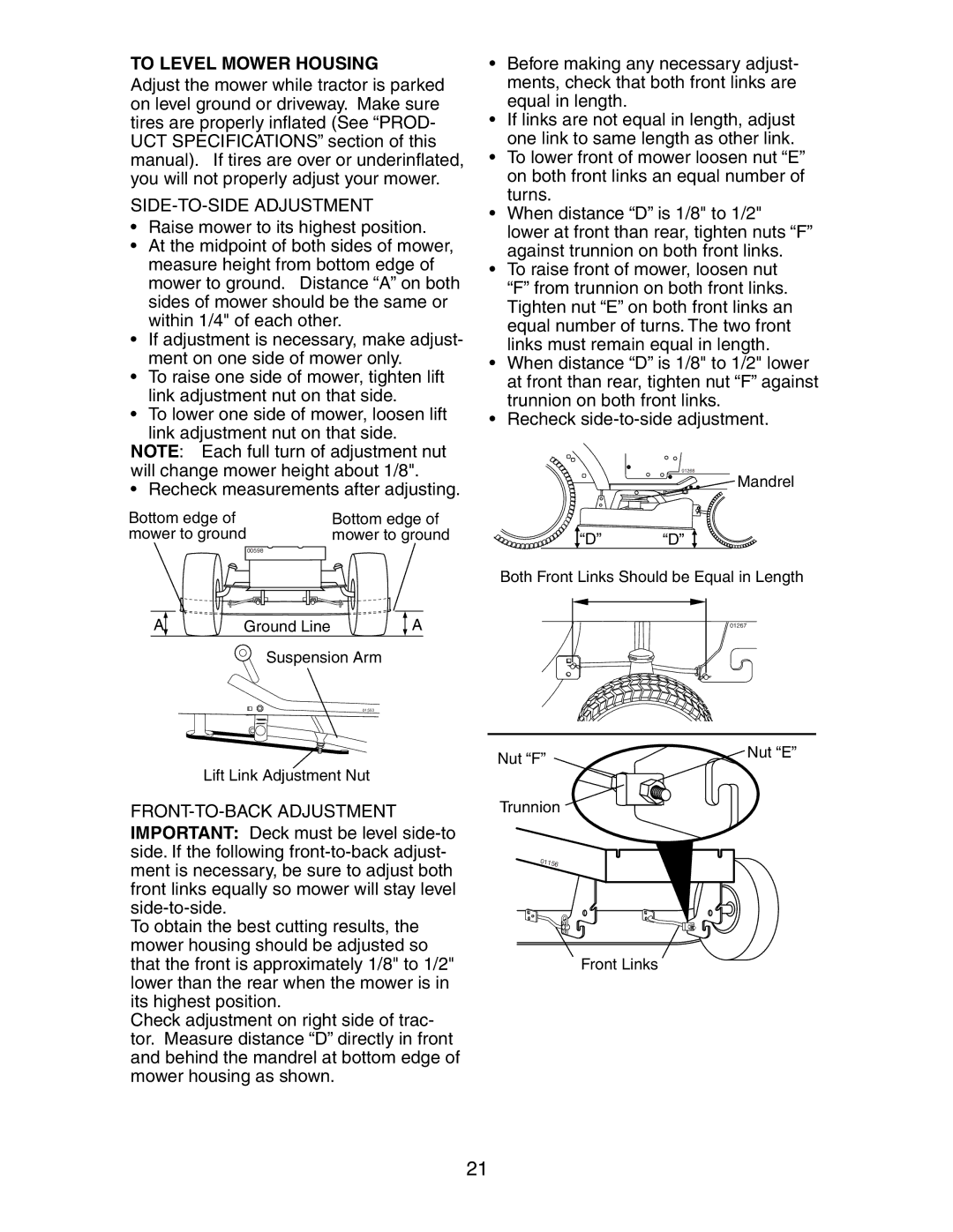 Poulan CN1842STA manual To Level Mower Housing, SIDE-TO-SIDE Adjustment 