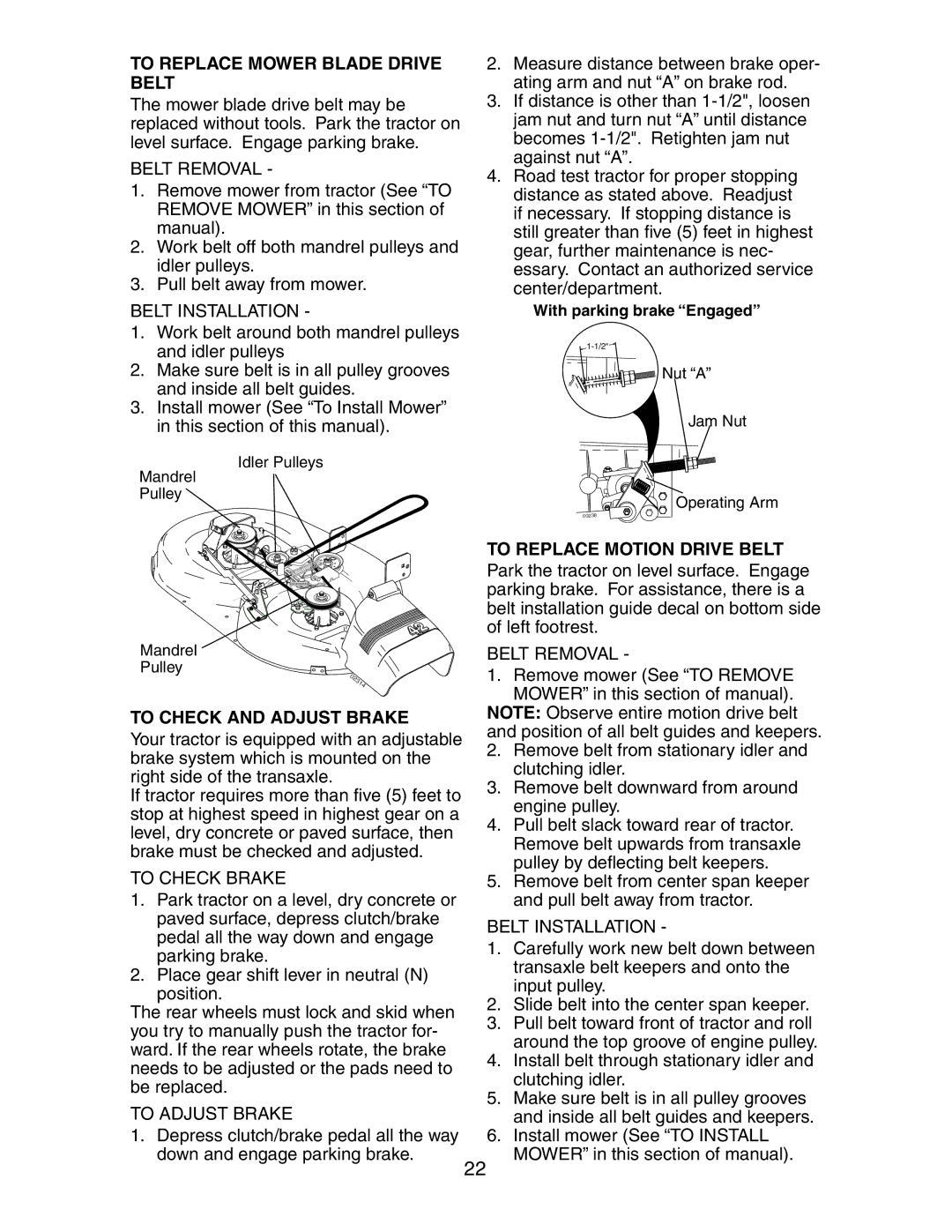 Poulan CN1842STA manual To Replace Mower Blade Drive Belt, To Check and Adjust Brake, To Replace Motion Drive Belt 