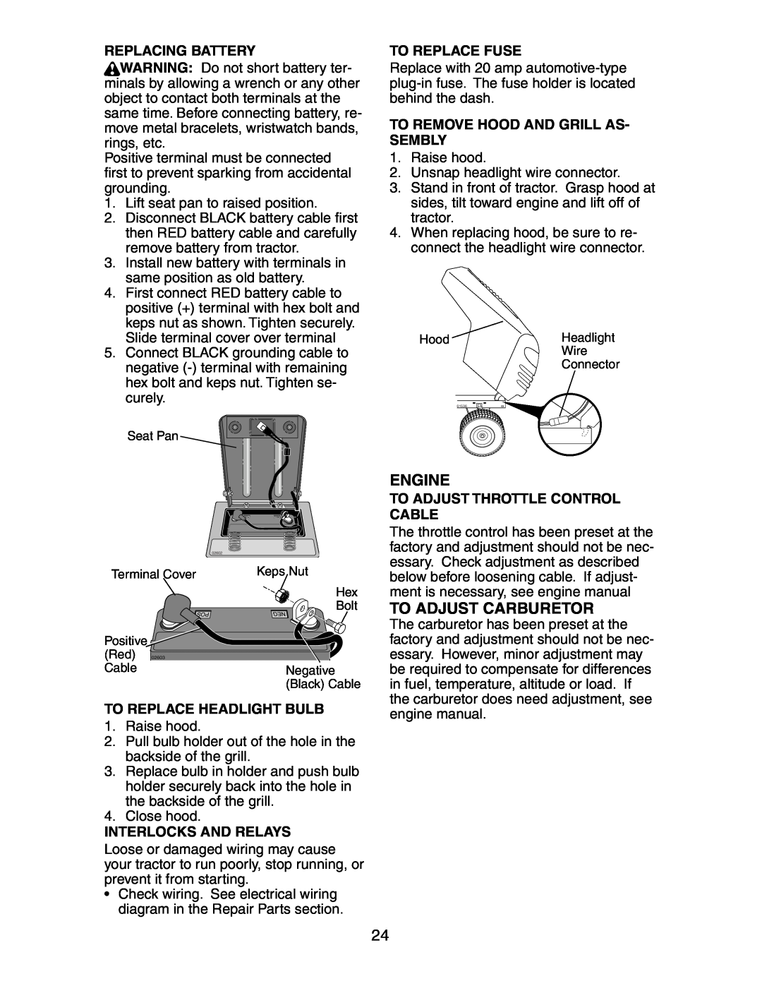 Poulan CN1842STA manual To Adjust Carburetor, Replacing Battery, To Replace Headlight Bulb, Interlocks And Relays, Engine 