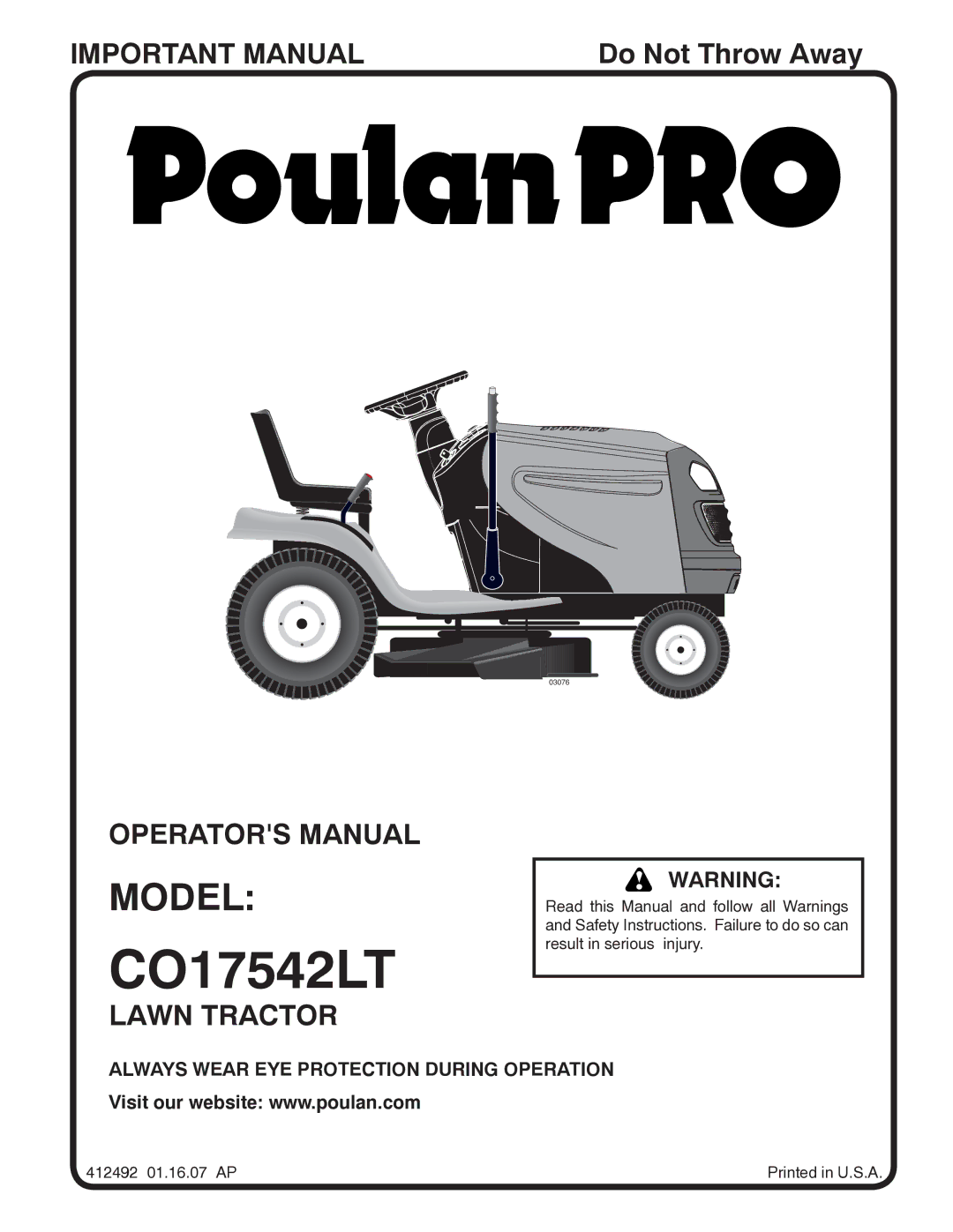 Poulan CO17542LT manual Model 