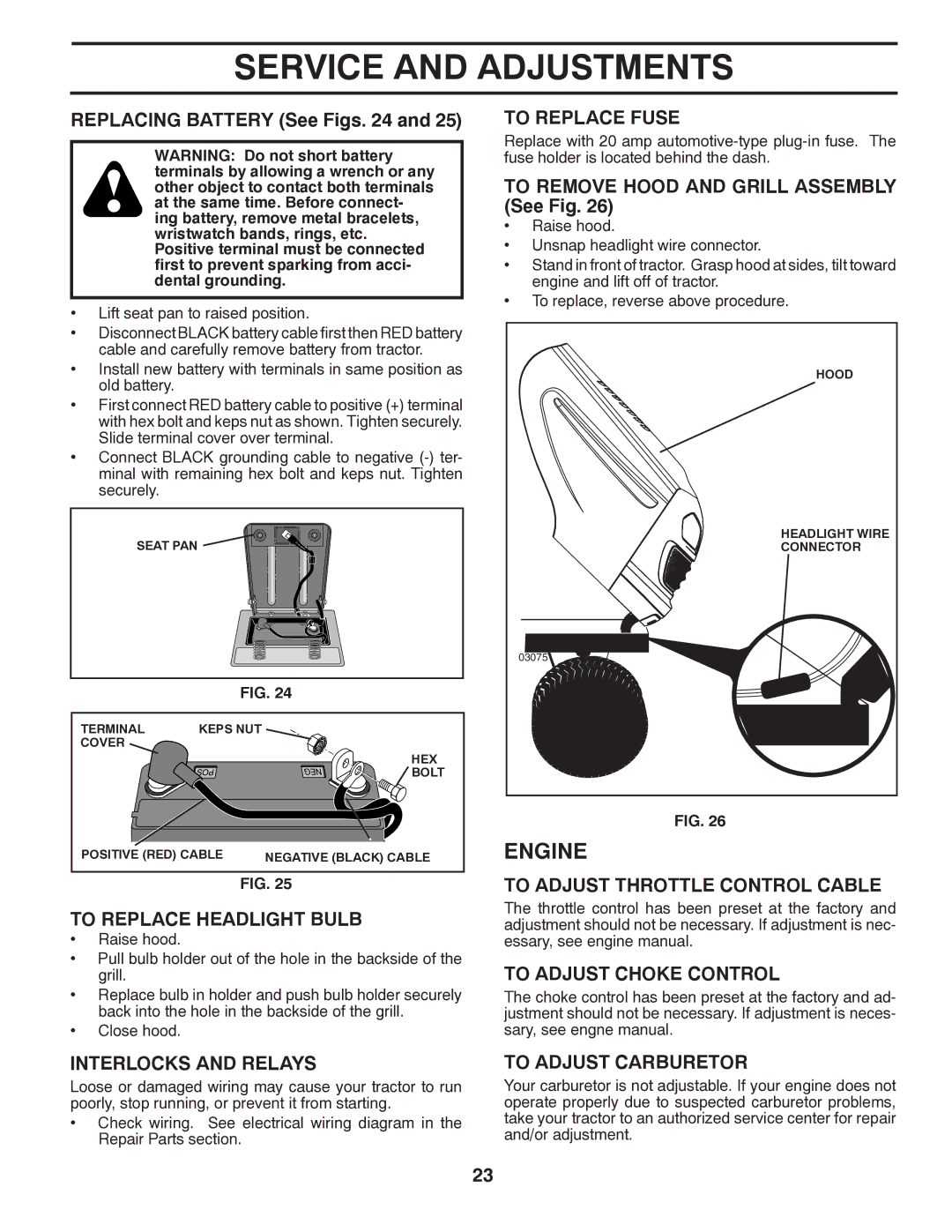 Poulan CO17542LT manual To Replace Headlight Bulb, Interlocks and Relays, To Replace Fuse, To Adjust Throttle Control Cable 