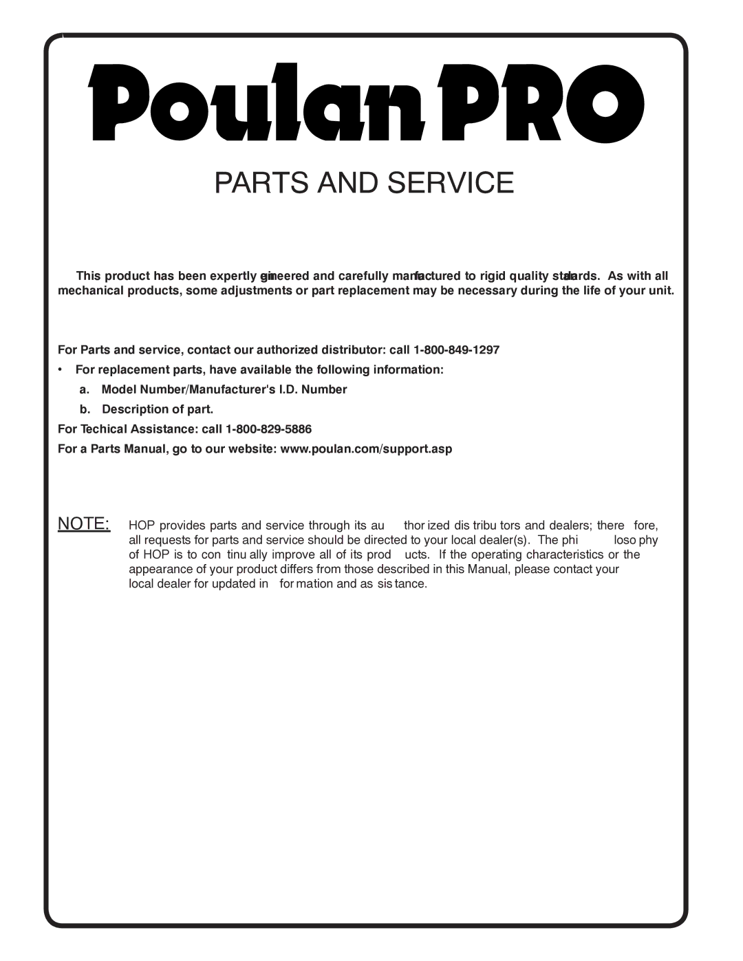 Poulan CO17542LT manual Parts and Service 