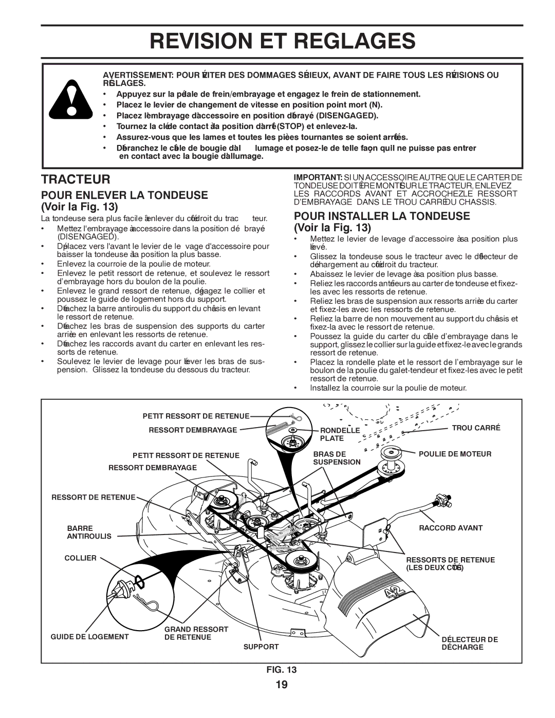 Poulan CO17542LT Reglages ET Revision, Tracteur, Fig la Voir Tondeuse LA Installer Pour, Tondeuse LA Enlever Pour, 13 .FIG 