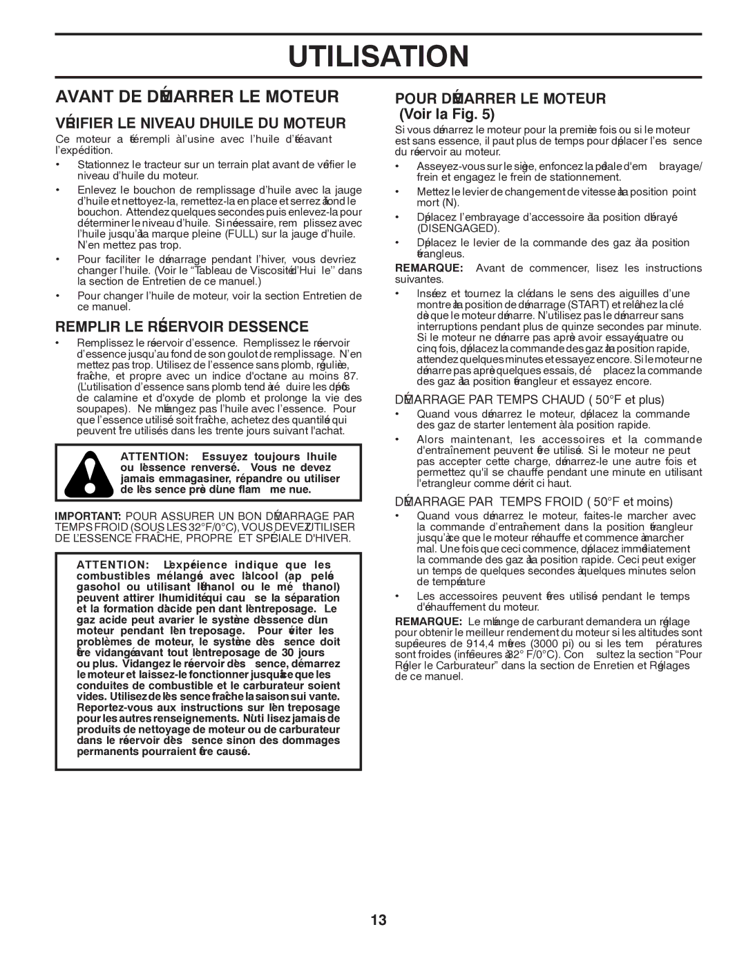Poulan CO17542LT manual Moteur LE Démarrer DE Avant, Moteur LE Démarrer Pour, ’ESSENCE Réservoir LE Remplir 