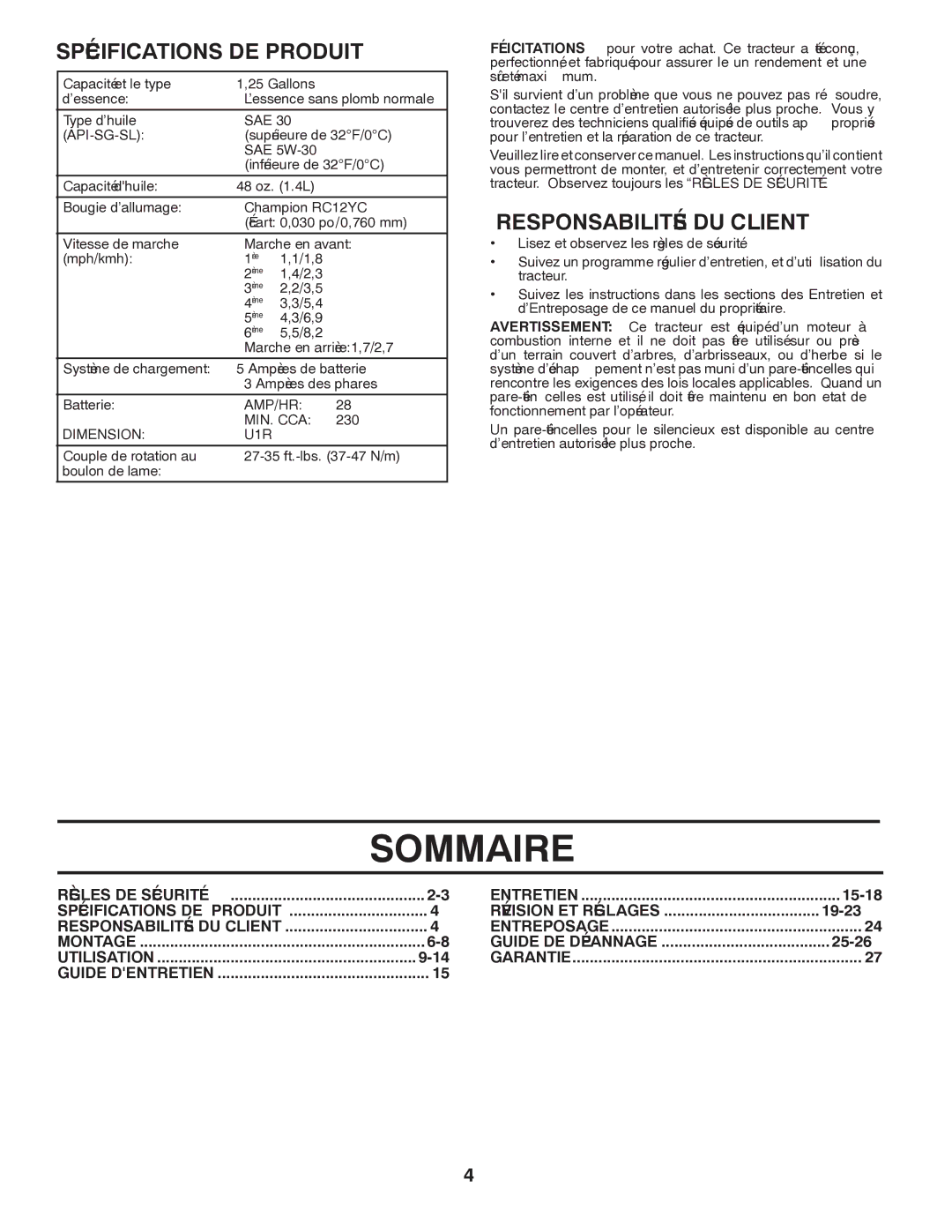 Poulan CO17542LT manual Sommaire, Client DU Responsabilités, Produit DE Spécifications 