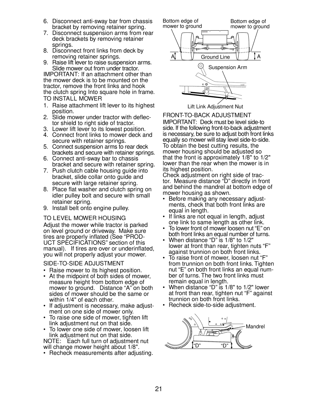 Poulan CO1842STA manual To Install Mower, To Level Mower Housing, SIDE-TO-SIDE Adjustment, FRONT-TO-BACK Adjustment 