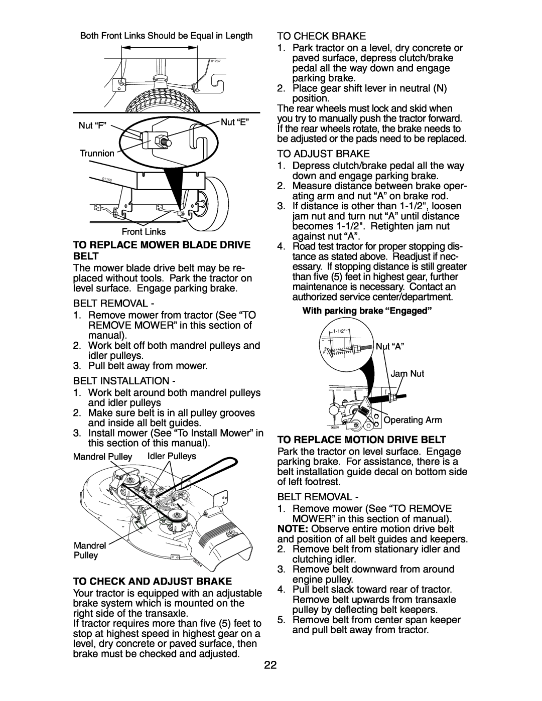 Poulan CO1842STA manual To Replace Mower Blade Drive Belt, To Check And Adjust Brake, To Replace Motion Drive Belt 