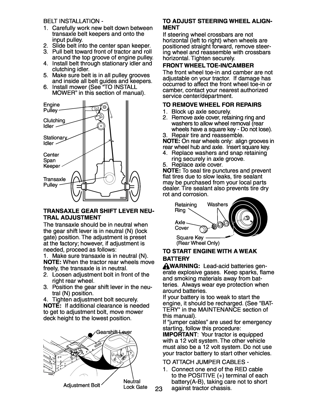 Poulan CO1842STA manual To Adjust Steering Wheel Align- Ment, Front Wheel Toe-In/Camber, To Remove Wheel For Repairs 