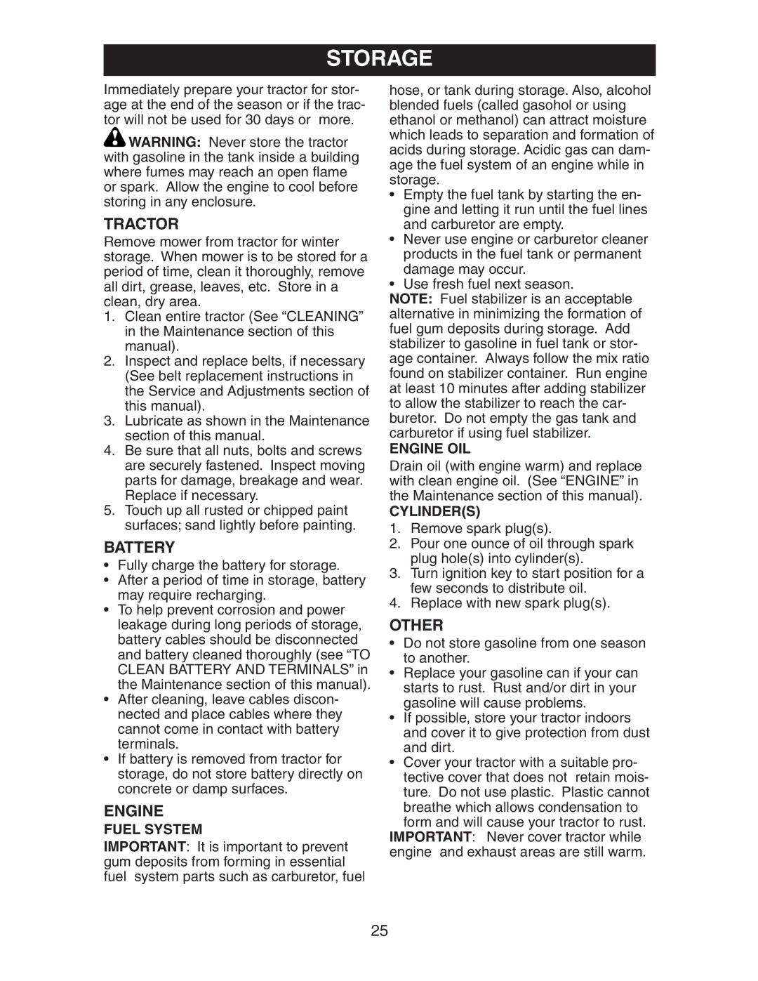 Poulan CO18542STA manual Battery, Other, Fuel System, Engine OIL, Cylinders 