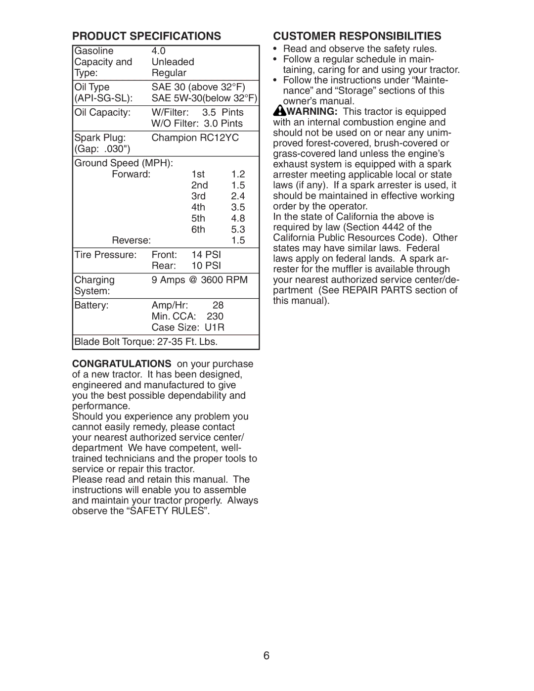 Poulan CO18542STA manual Product Specifications, Customer Responsibilities, Api-Sg-Sl 