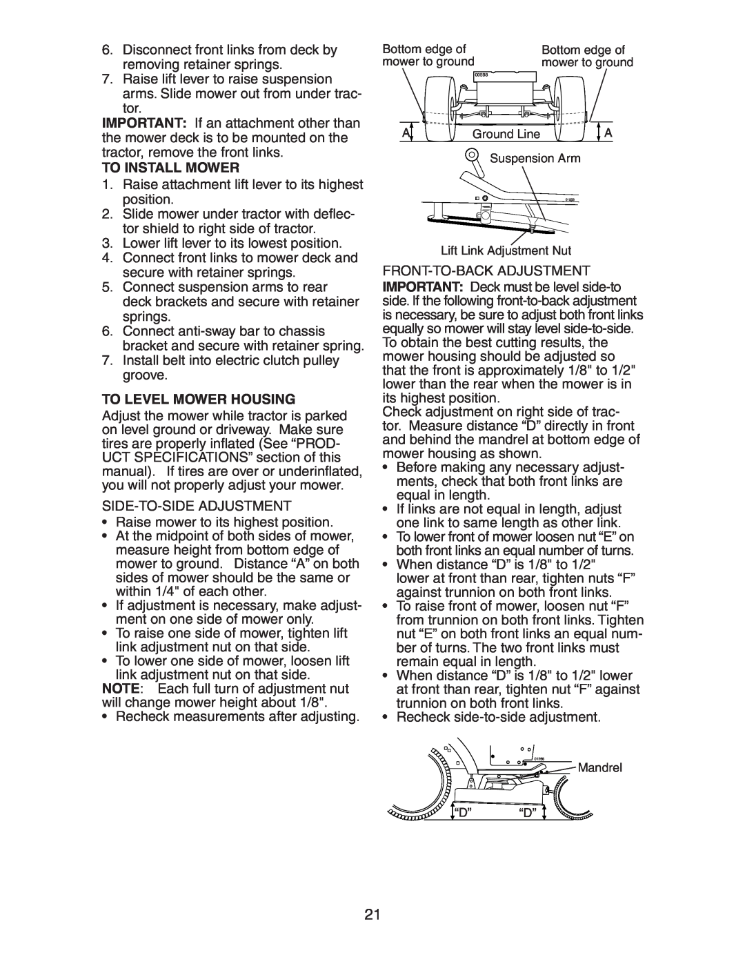Poulan CO18542STB manual To Install Mower, To Level Mower Housing 