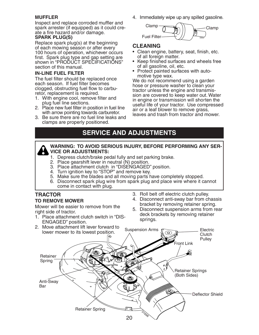 Poulan CO18542STC manual Service and Adjustments, Cleaning 