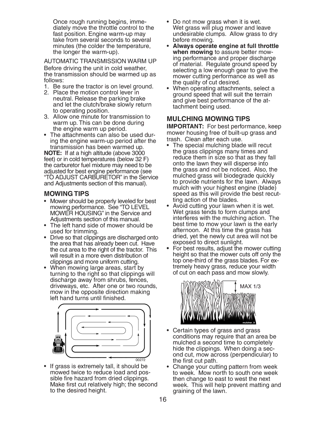 Poulan CO185H42STB manual Mulching Mowing Tips, Automatic Transmission Warm UP 