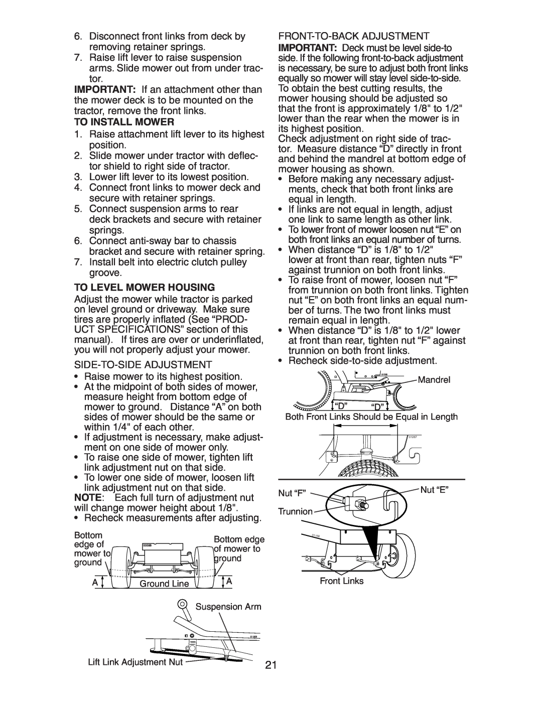 Poulan CO185H42STB manual To Install Mower, To Level Mower Housing 