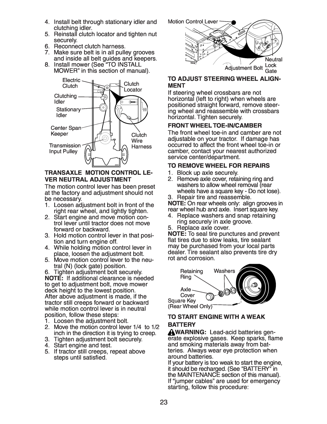 Poulan CO185H42STB manual To Adjust Steering Wheel Align- Ment, Front Wheel Toe-In/Camber, To Remove Wheel For Repairs 