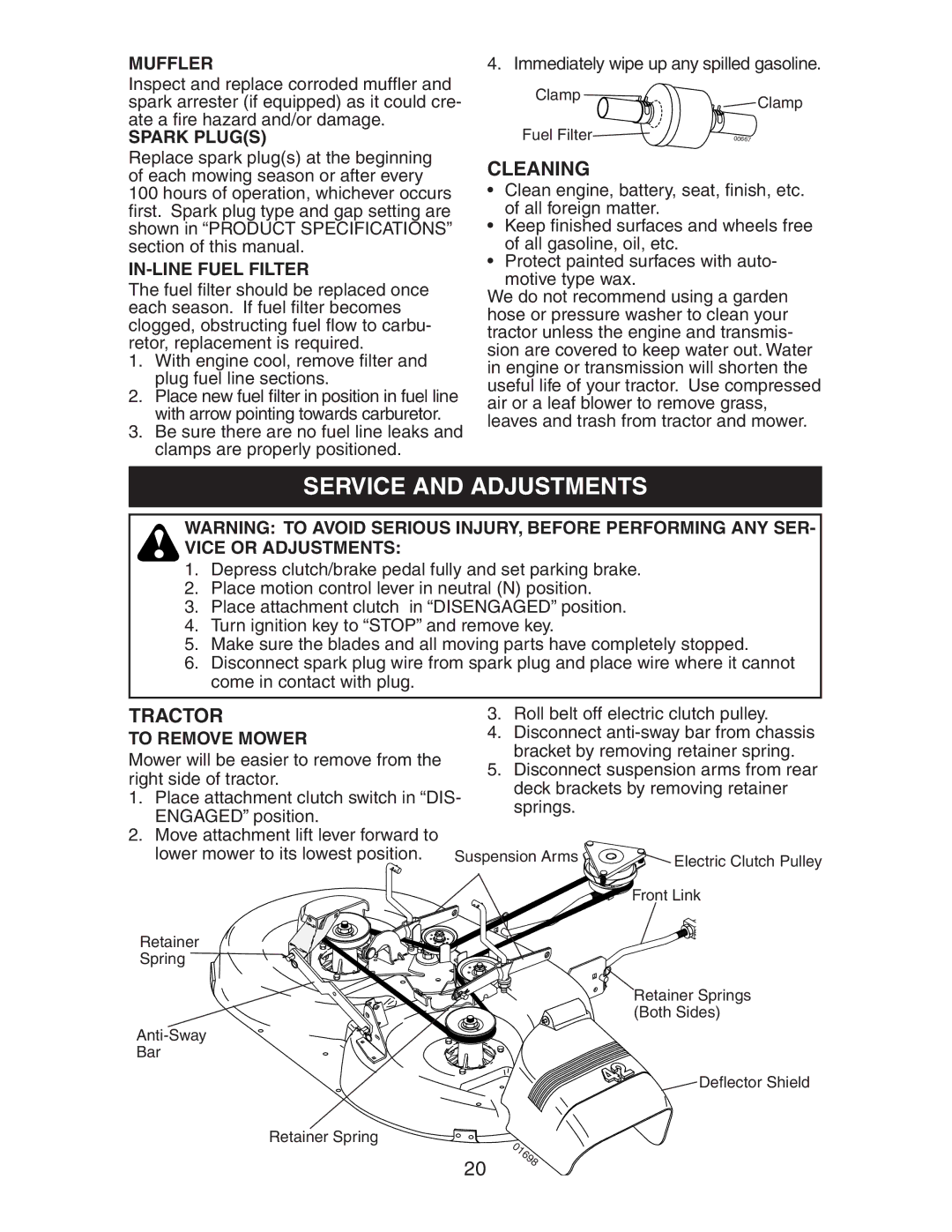 Poulan CO185H42STC manual Service and Adjustments, Cleaning 