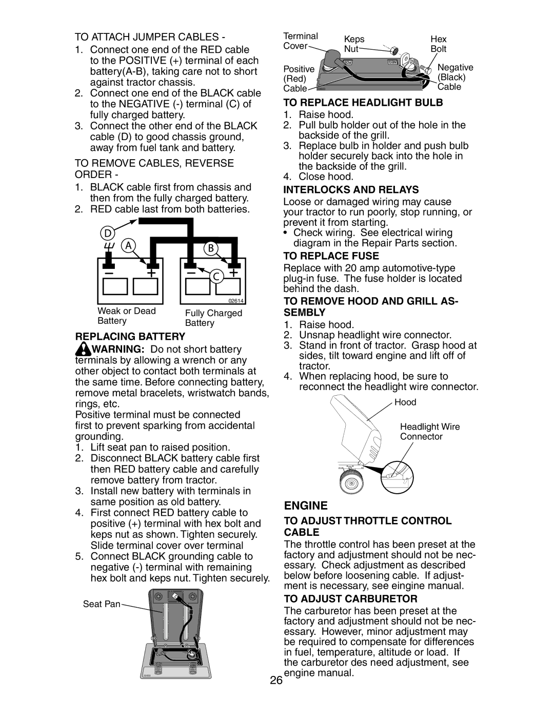 Poulan CO18H42STA To Replace Headlight Bulb, Interlocks and Relays, To Replace Fuse, To Remove Hood and Grill AS- Sembly 