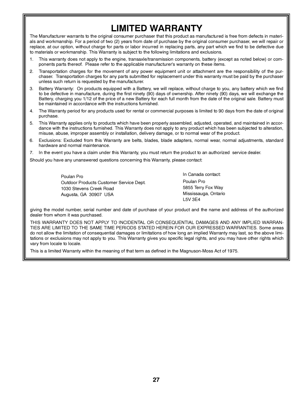 Poulan CO20H46YT manual Limited Warranty, L5V 3E4 
