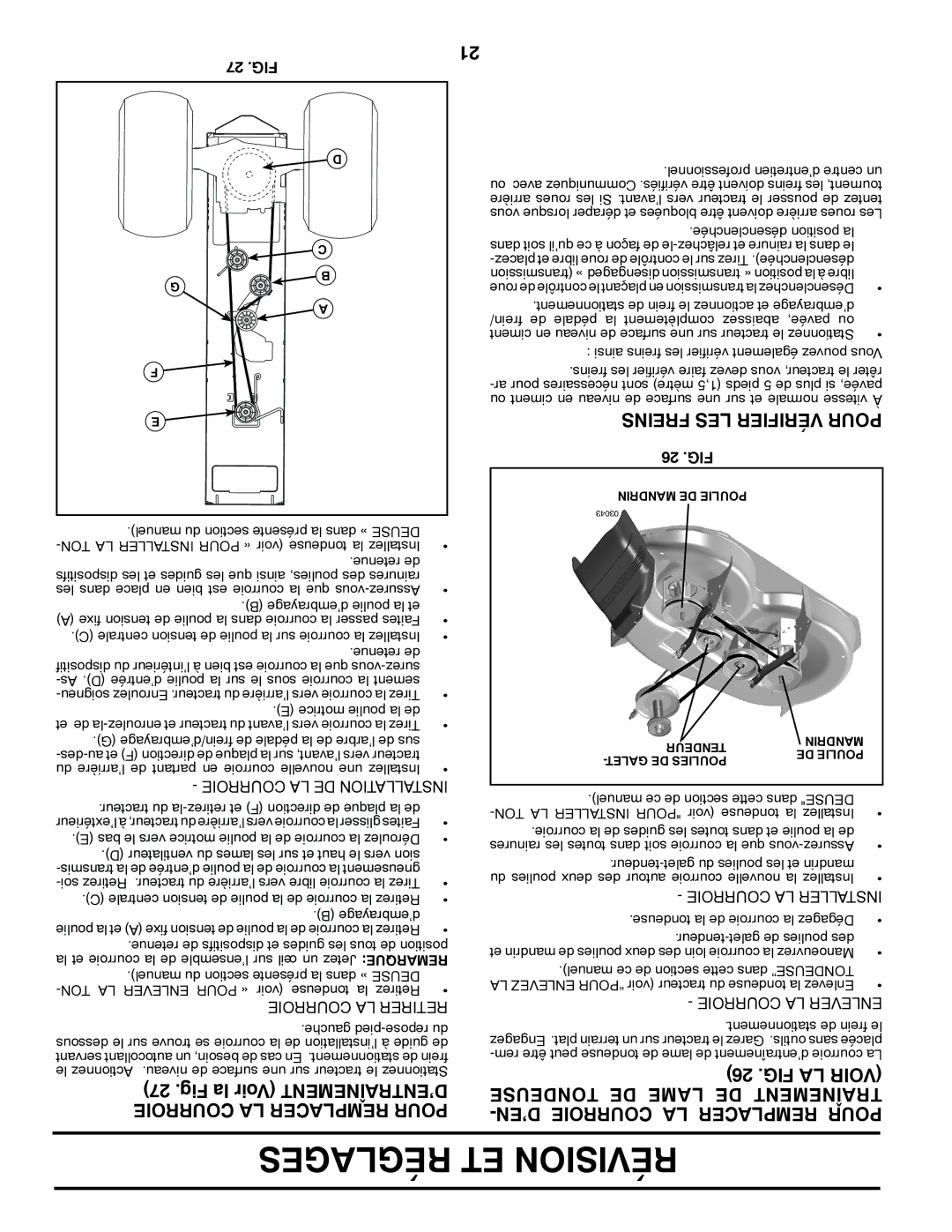 Poulan CO20H46YT manual Réglages ET Révision, Fig la Voir D’ENTRAÎNEMENT Courroie LA Remplacer Pour, FIG LA Voir 