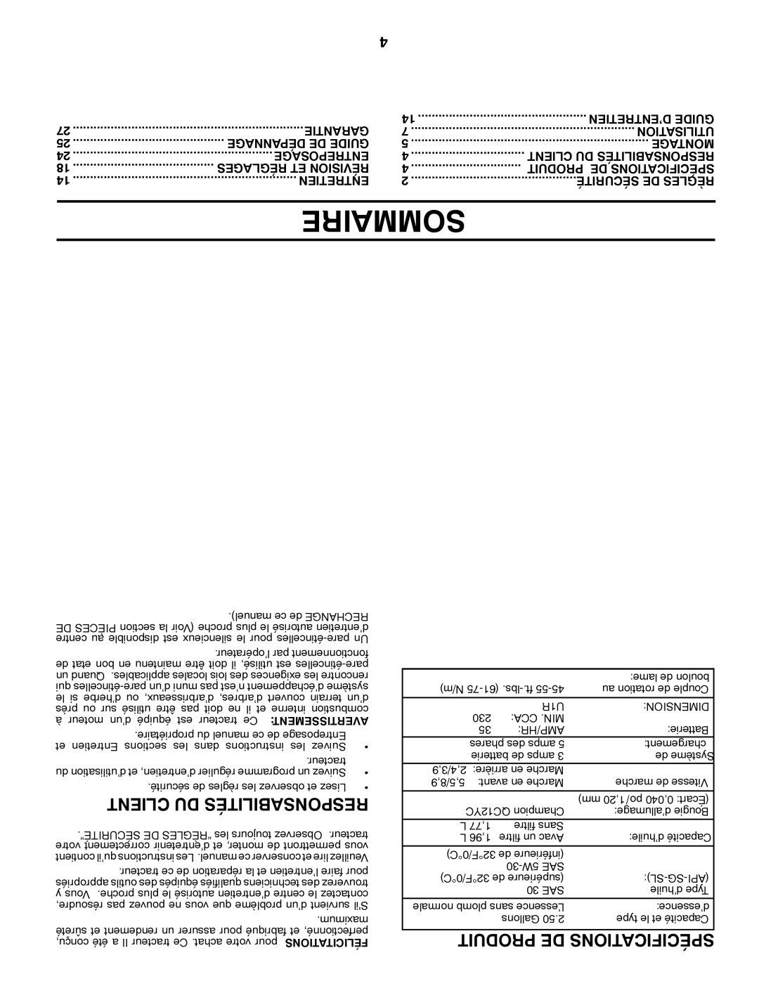 Poulan CO20H46YT manual Sommaire 