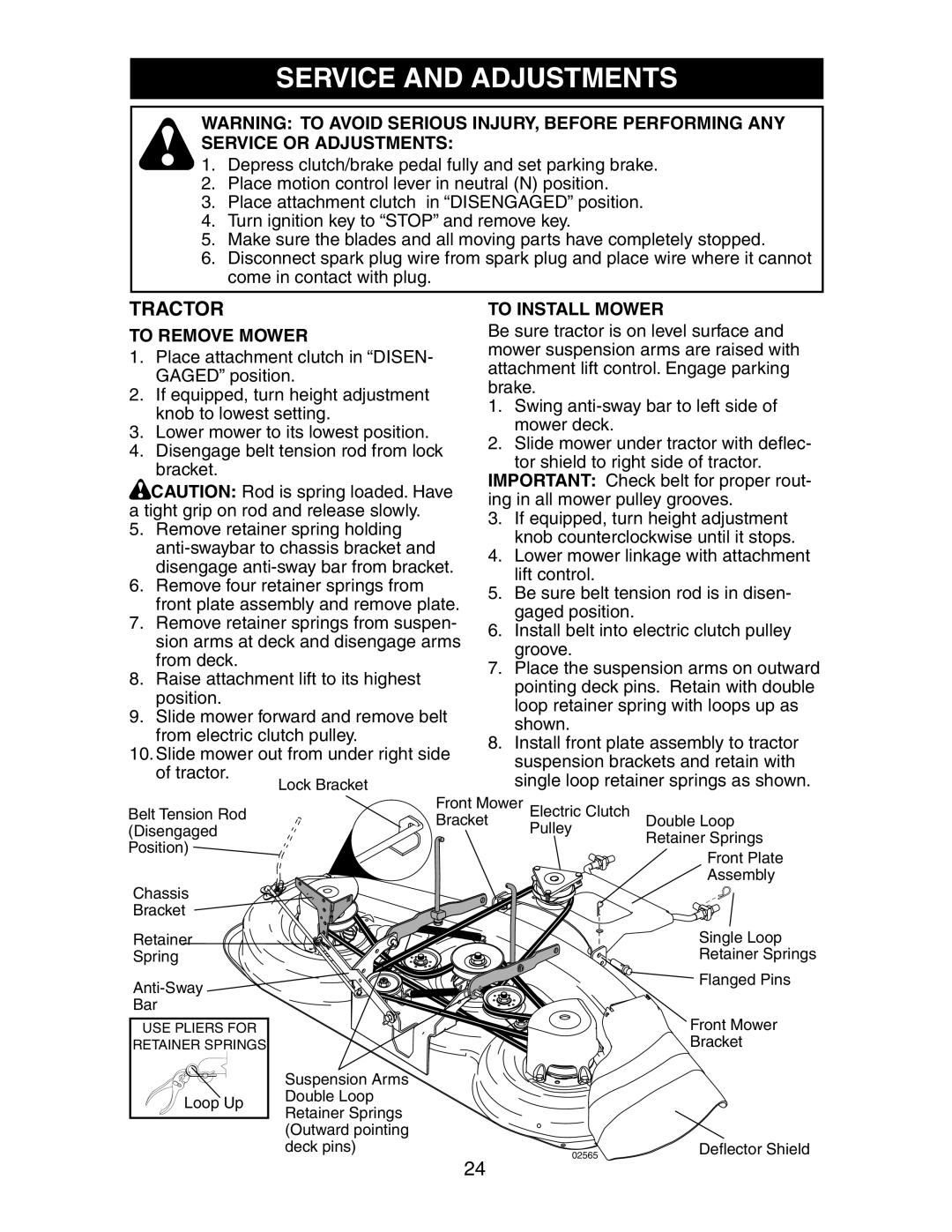 Poulan CO24H48STA manual Service and Adjustments, To Remove Mower, To Install Mower 