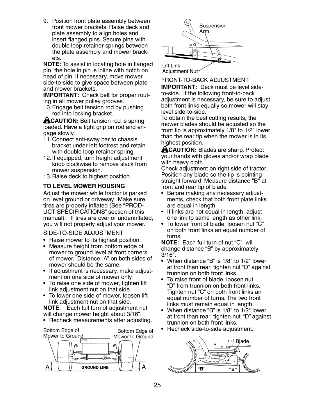 Poulan CO24H48STA manual To Level Mower Housing, SIDE-TO-SIDE Adjustment 