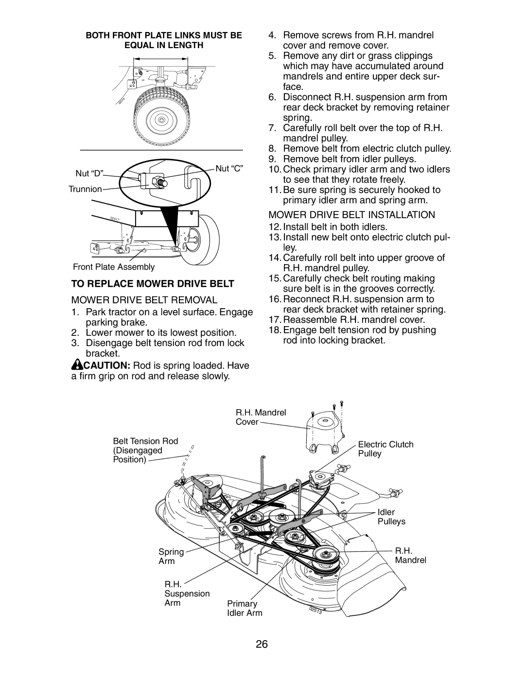 Poulan CO24H48STA manual To Replace Mower Drive Belt, Mower Drive Belt Removal, Mower Drive Belt Installation 