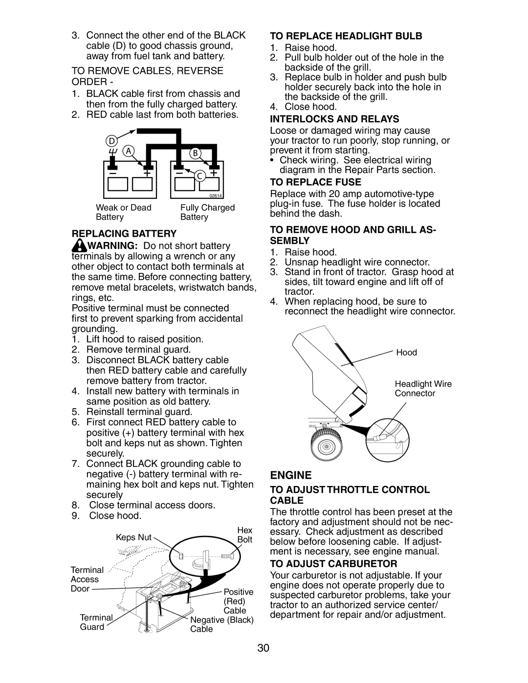 Poulan CO24H48STA manual Replacing Battery, To Replace Headlight Bulb, Interlocks and Relays, To Replace Fuse 