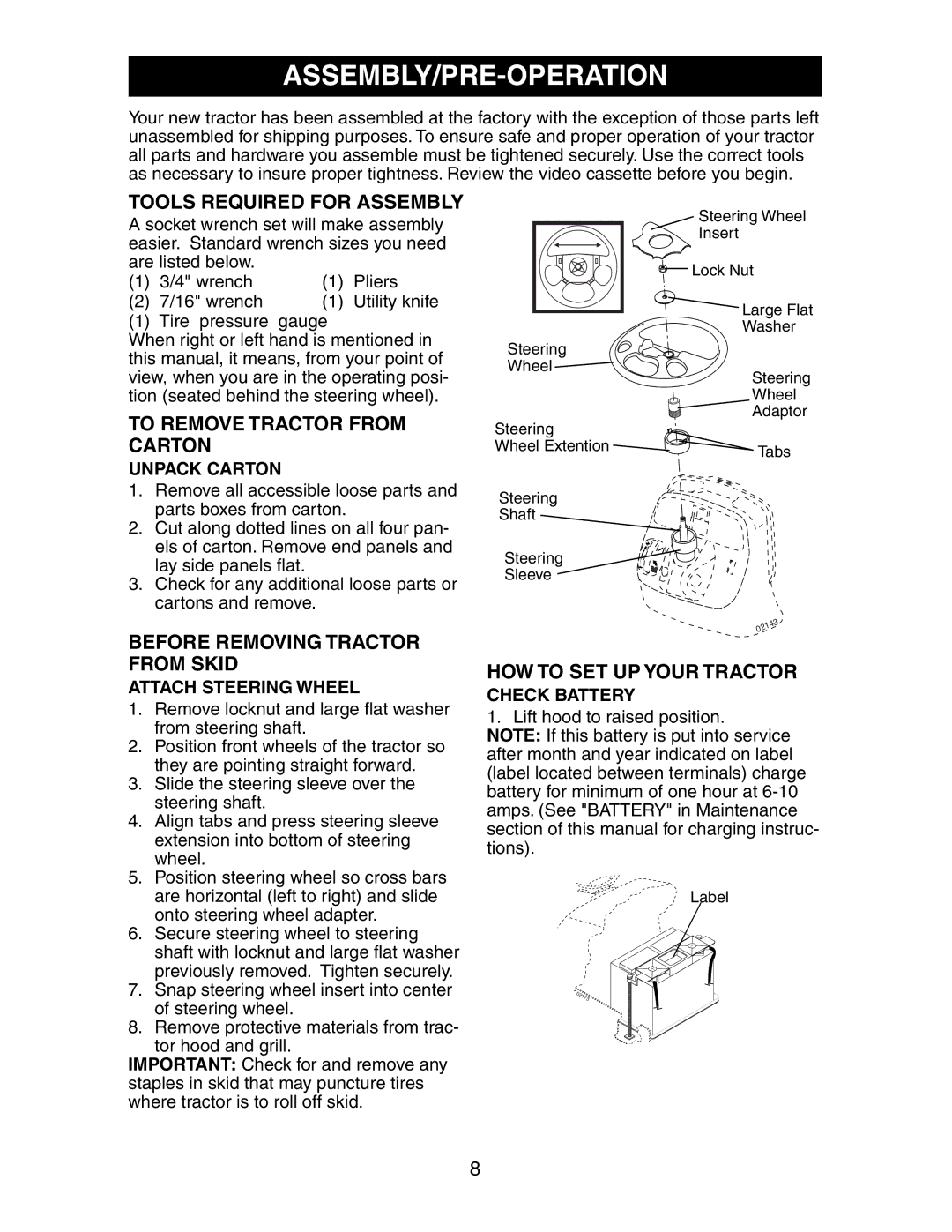 Poulan CO24H48STA manual Assembly/Pre-Operation, Tools Required for Assembly, To Remove Tractor from Carton 