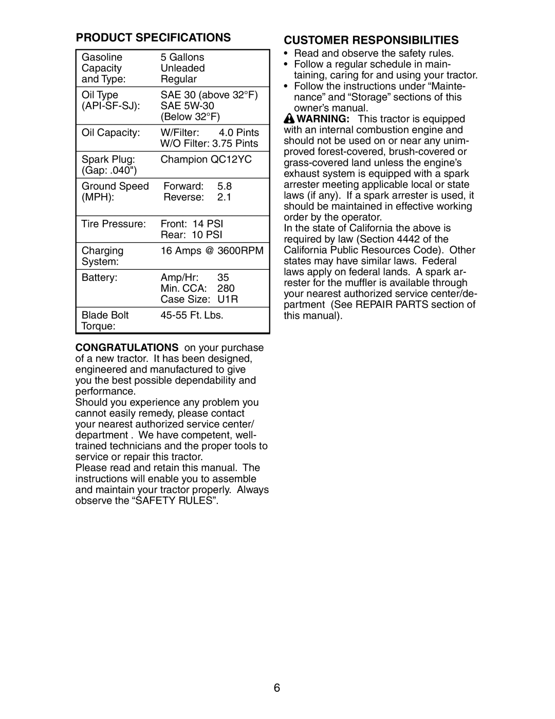 Poulan COGT22H48A manual Product Specifications, Customer Responsibilities, Api-Sf-Sj 