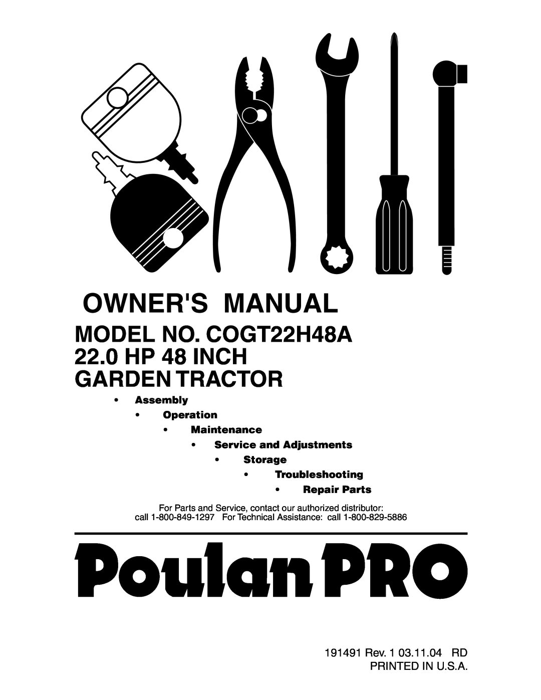 Poulan manual MODEL NO. COGT22H48A, 22.0 HP 48 INCH GARDEN TRACTOR, Troubleshooting Repair Parts 