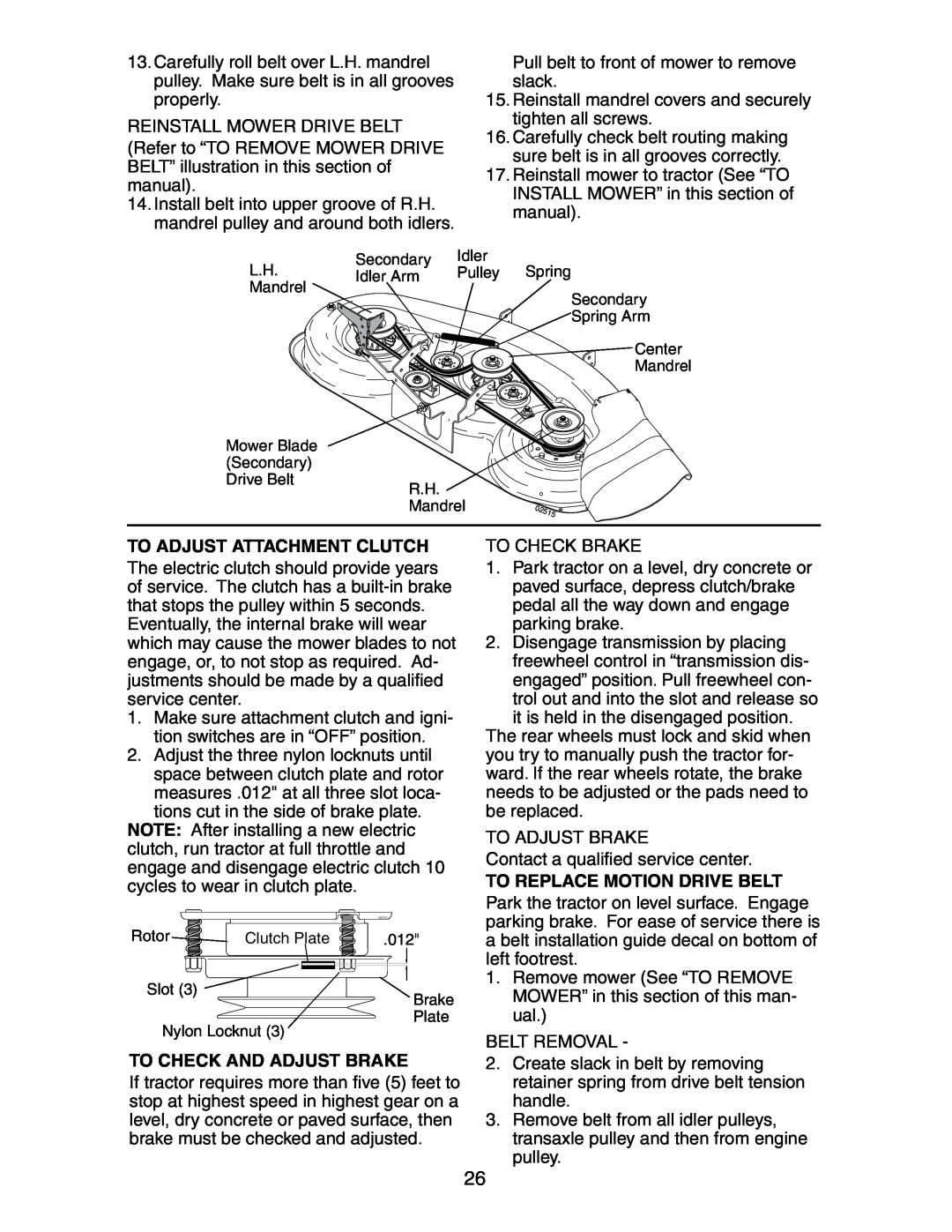 Poulan COGT22H48A manual To Adjust Attachment Clutch, To Replace Motion Drive Belt, To Check And Adjust Brake 
